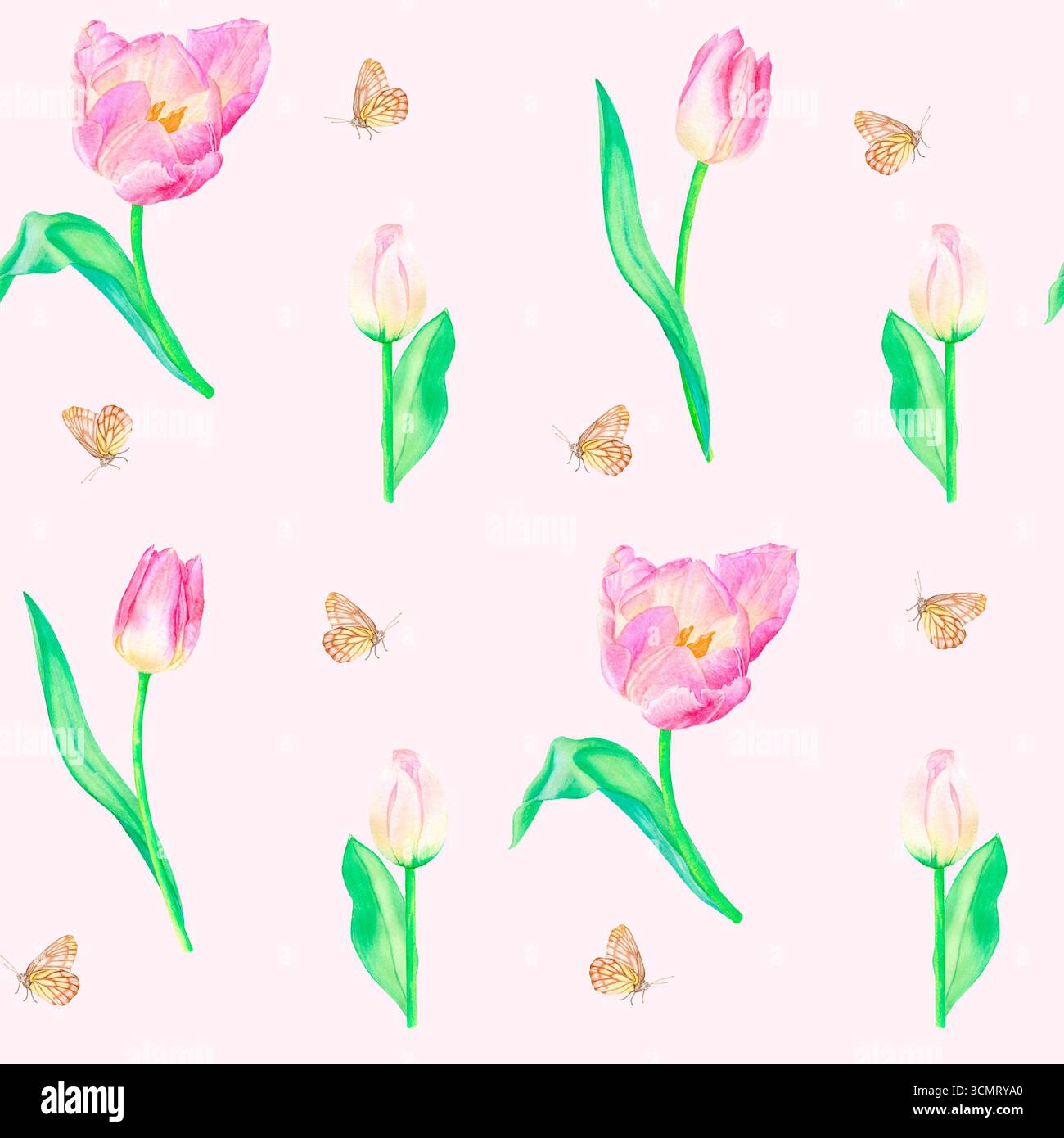 Tulipani acquerelli e motivo a farfalla senza cuciture, disegnati a mano. Adatto per la progettazione e la stampa. Foto Stock