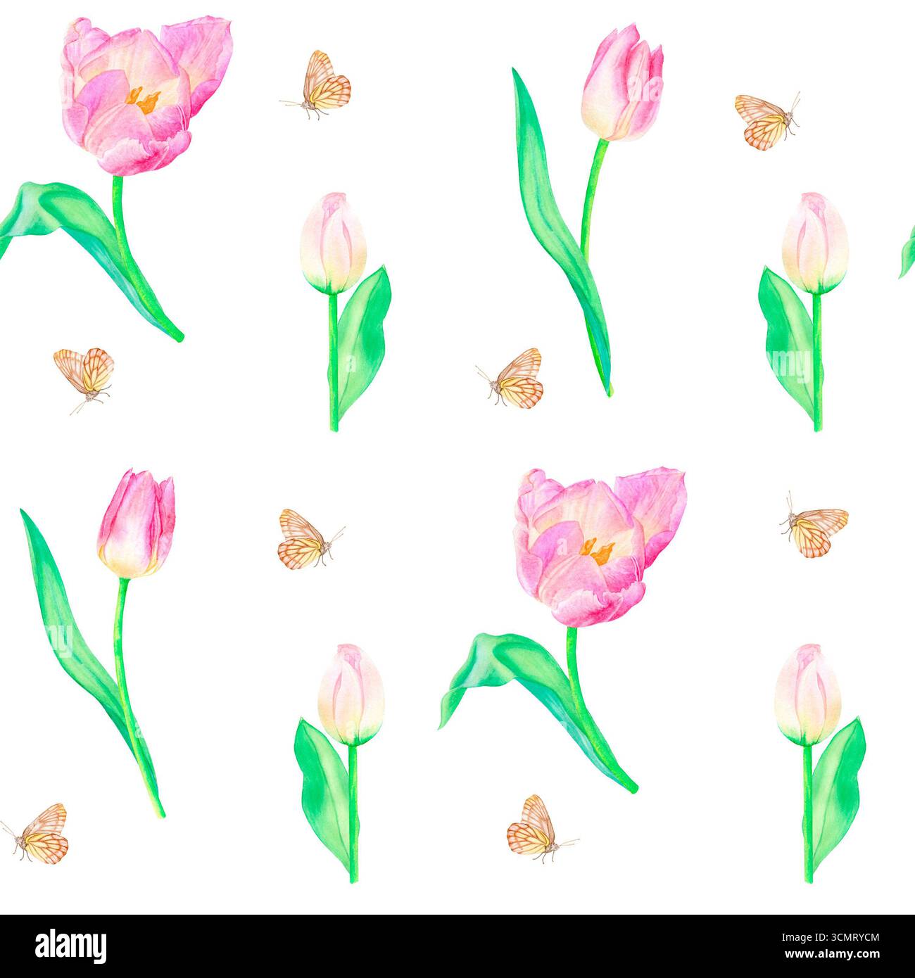 Tulipani acquerelli e motivo a farfalla senza cuciture, disegnati a mano. Adatto per la progettazione e la stampa. Foto Stock