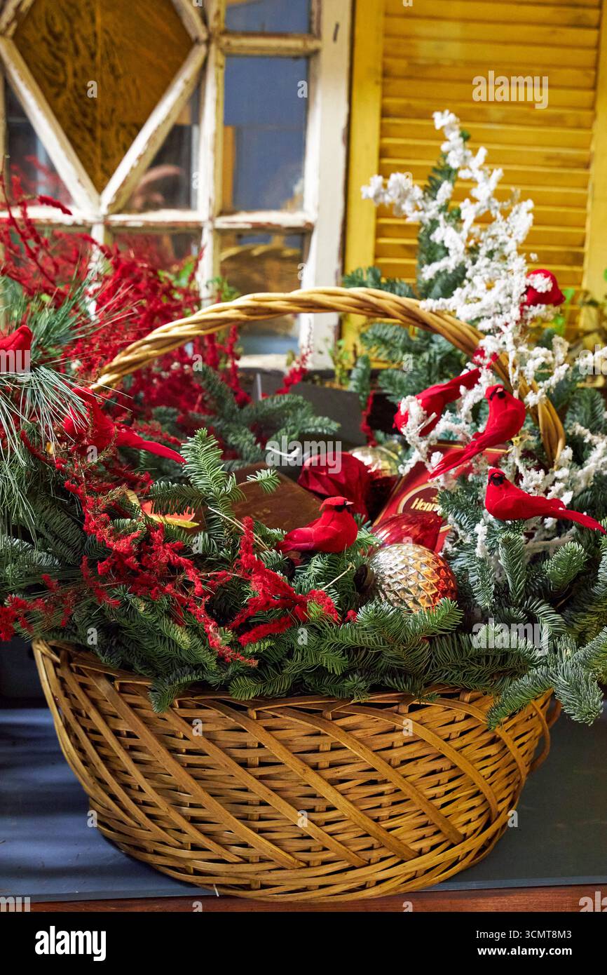 Grande cestino natalizio con rami di pino, cardinali rossi, ornamenti e vegetazione invernale. Una luminosa disposizione floreale natalizia che simboleggia le festività spir Foto Stock