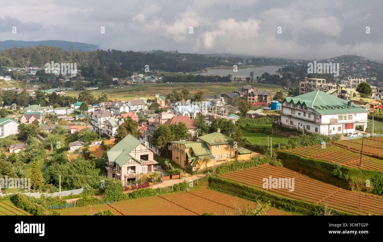 Sri Lanka - Nuwara Eliya - Vista Valle - area residenziale circondata da fattorie Foto Stock