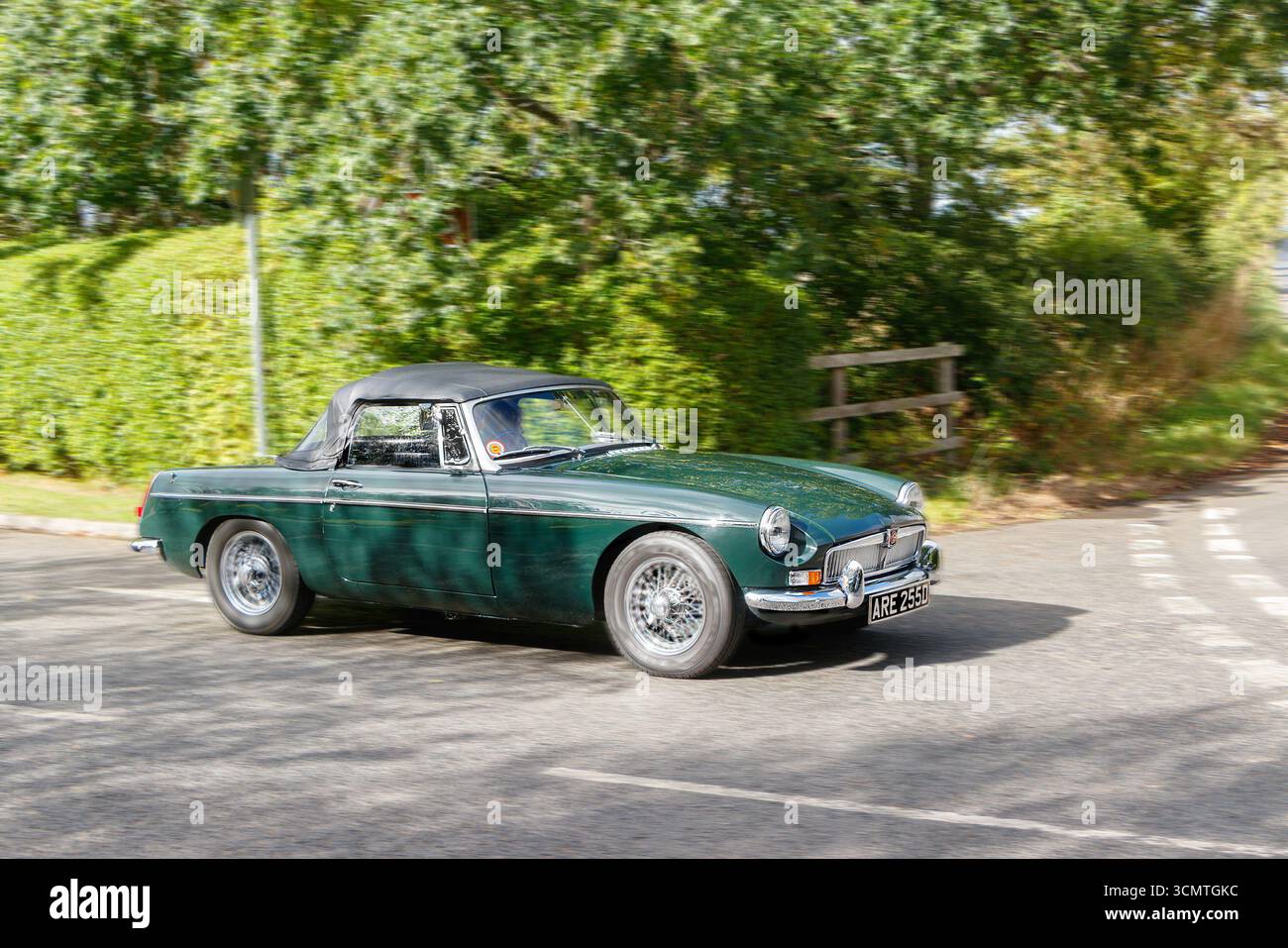 Roadster ARE255D vintage verde scuro 1966 MGB convertibile su una strada di campagna circondata da lussureggianti alberi e cespugli Foto Stock