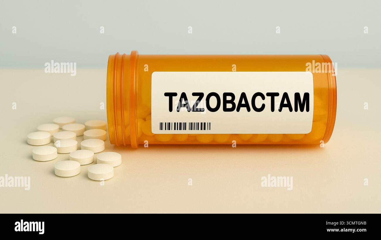 Scatola di TAZOBACTAM compresse su un tavolo della farmacia ospedaliera usato con antibiotici per inibire beta lattamasi un antibatterico. Foto Stock