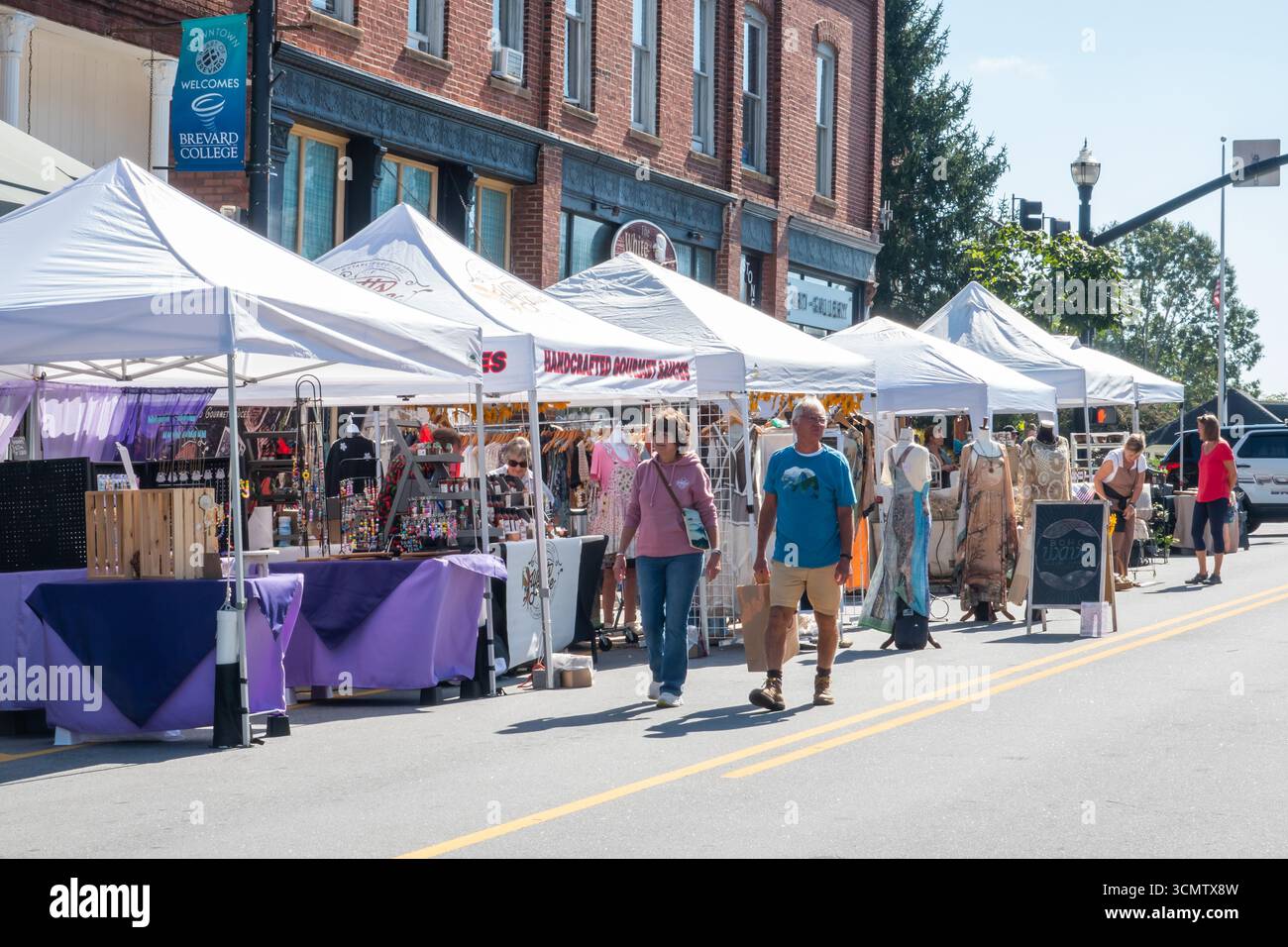 I venditori di arte e artigianato sono sulla Main Street durante il 5° Festival annuale delle Arti Plein Air a Brevard, North Carolina, una comunità di montagna popolare tra i turisti. Foto Stock