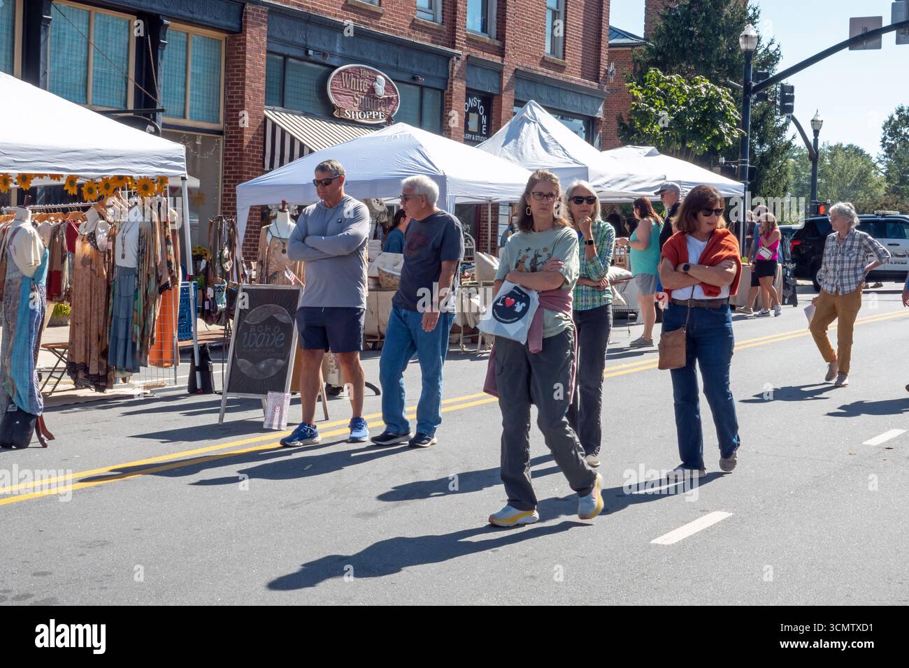 I venditori di arte e artigianato sono sulla Main Street durante il 5° Festival annuale delle Arti Plein Air a Brevard, North Carolina, una comunità di montagna popolare tra i turisti. Foto Stock