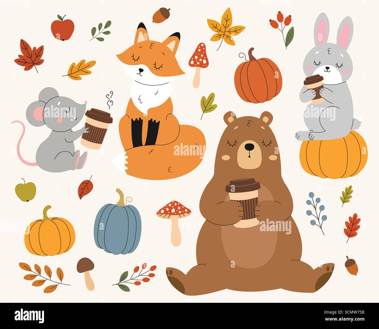 Simpatici animali, una volpe, un orso, un coniglio e un topo, gustate un caffè caldo circondato da foglie autunnali, zucche e funghi. Sfondo isolato. Vettore Illustrazione Vettoriale