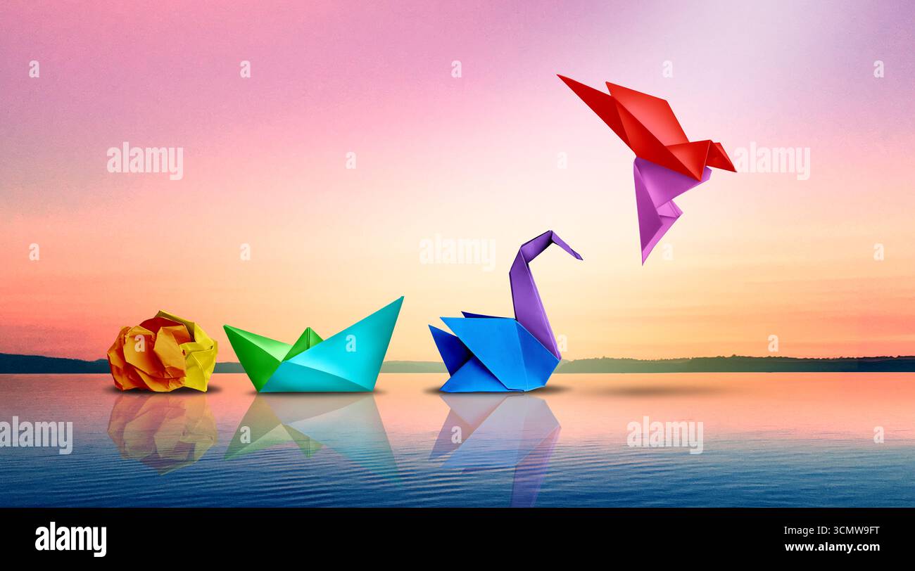 Evolvere per il successo e una metafora come trasformare o cambiare per avere successo concetto e leadership nel business attraverso l'innovazione e l'evoluzione di abilit Foto Stock