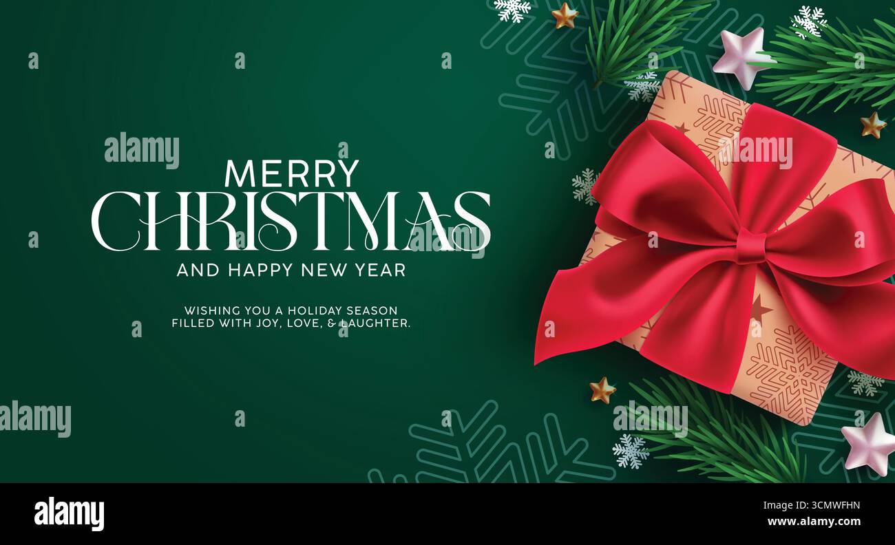 Buon design di clipart per biglietti d'auguri natalizi. Cartolina di Natale e clip art dei desideri in elegante sfondo verde con decorazione della scatola regalo a nastro rosso Illustrazione Vettoriale