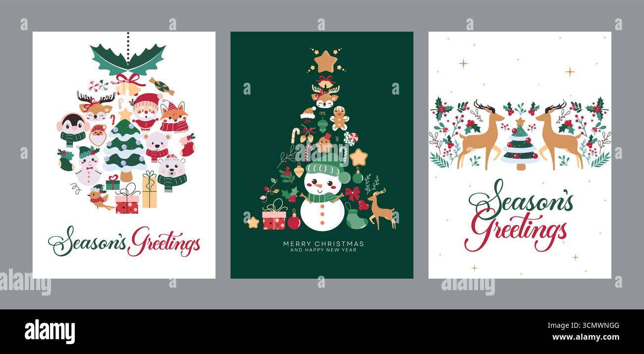 Set poster clipart cartolina di auguri natalizi. Cartolina di Natale e cartolina di auguri natalizi clip art con palla di Natale, pino e Natale Illustrazione Vettoriale