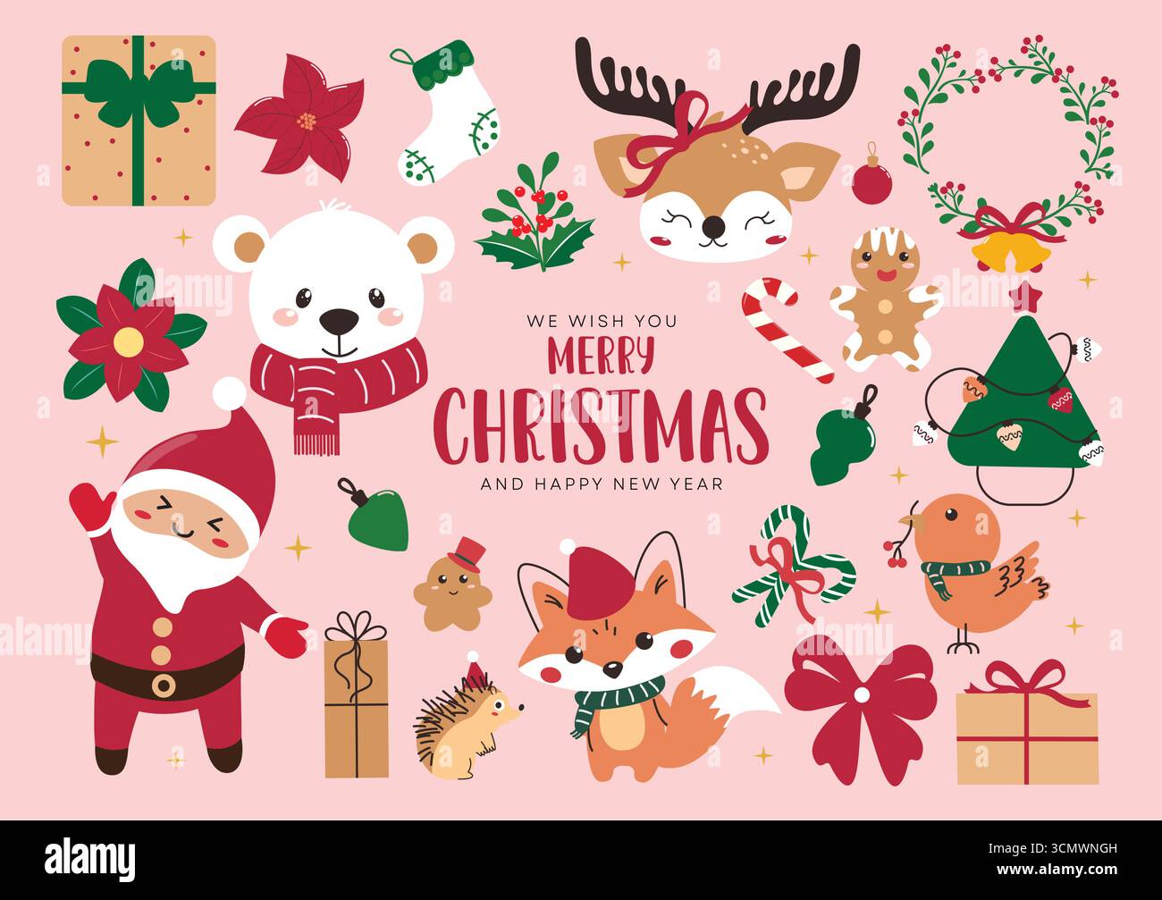 Set clipart elementi natalizi. Saluto e auguri di Natale con personaggi come Babbo Natale, panda, renne, volpe, pane allo zenzero Illustrazione Vettoriale