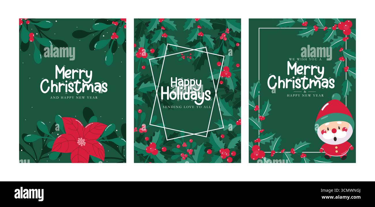 Buon set di poster per cartoline di auguri verdi di Natale. Cartolina di Natale e cartolina di auguri di buone feste clip art con Babbo Natale, poinsettia Illustrazione Vettoriale