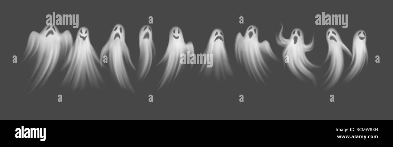 Illustrazione di spaventose figure fantasma che appaiono giocose e inquietanti. Fluttuano su uno sfondo monocromatico scuro, trasmettendo un senso di mistero e. Illustrazione Vettoriale