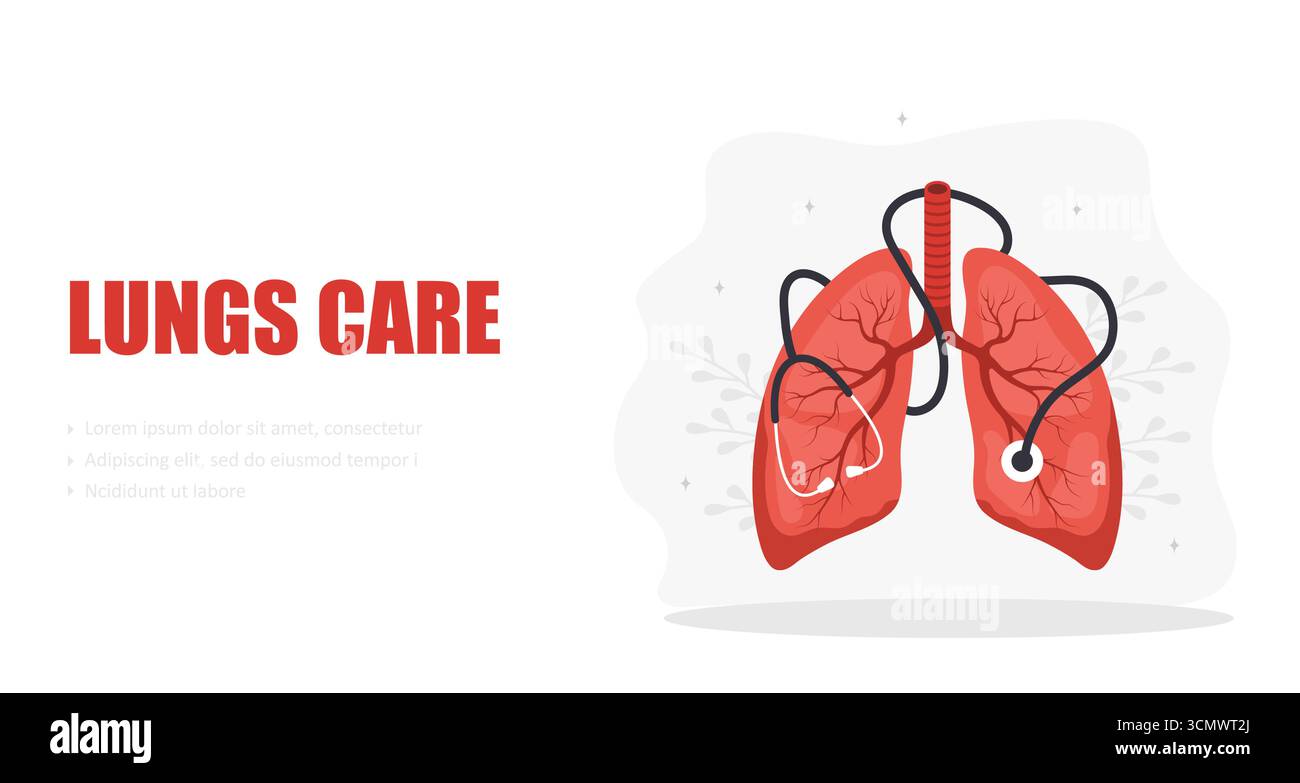 Concetto di cura dei polmoni. Controllo medico. Polmone grande e realistico con stetoscopio. Illustrazione del vettore piatto Illustrazione Vettoriale