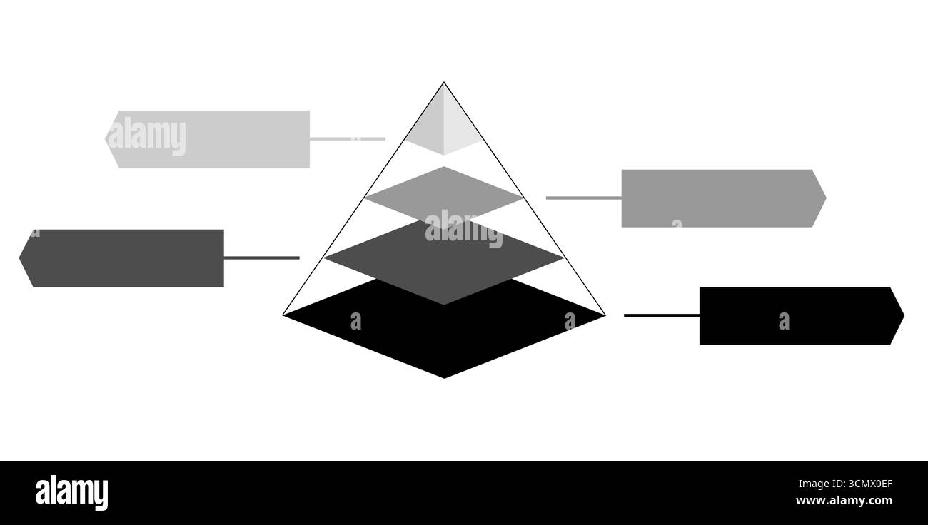 Illustrazione gerarchica statistica infografica del nero con triangolo di colore grigio diviso isolato su sfondo bianco, forma a piramide a quattro strati Illustrazione Vettoriale