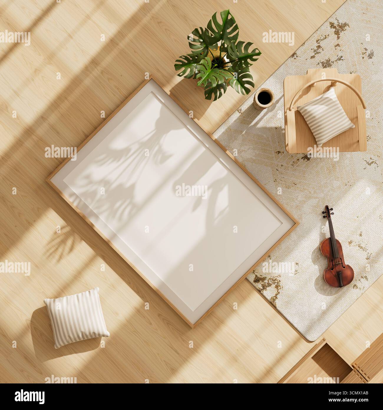 Un intimo interno scandinavo con una cornice a poster mock-up, mobili in legno, vasi in ceramica e un violino vintage che aggiungono fascino artistico. Illustrazione 3D. Foto Stock