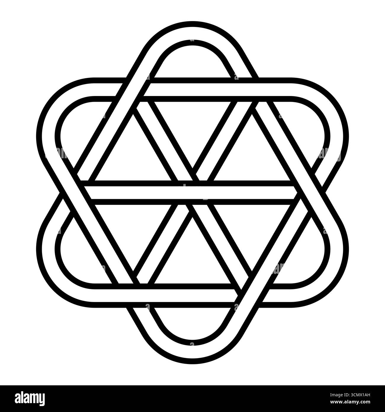 Design del nodo di Hexagram, simbolo geometrico della stella, arte sacra di simmetria Illustrazione Vettoriale
