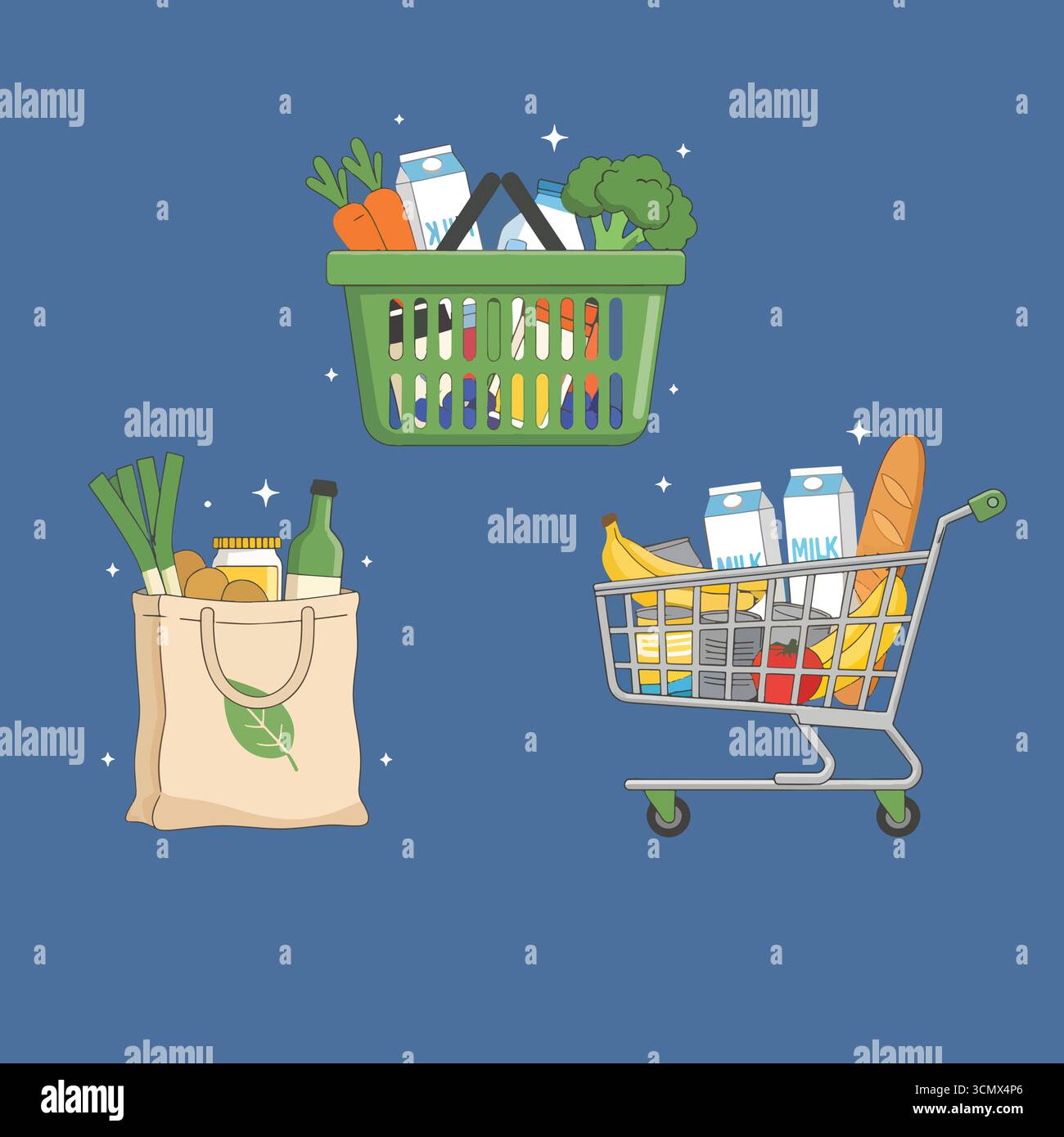 Carrello della spesa, cestino, borsa con prodotti alimentari. Verdure, frutta, bacche, latticini, pane, passato e altri generi alimentari, merci. Concetto di alimentazione sana. IO Illustrazione Vettoriale