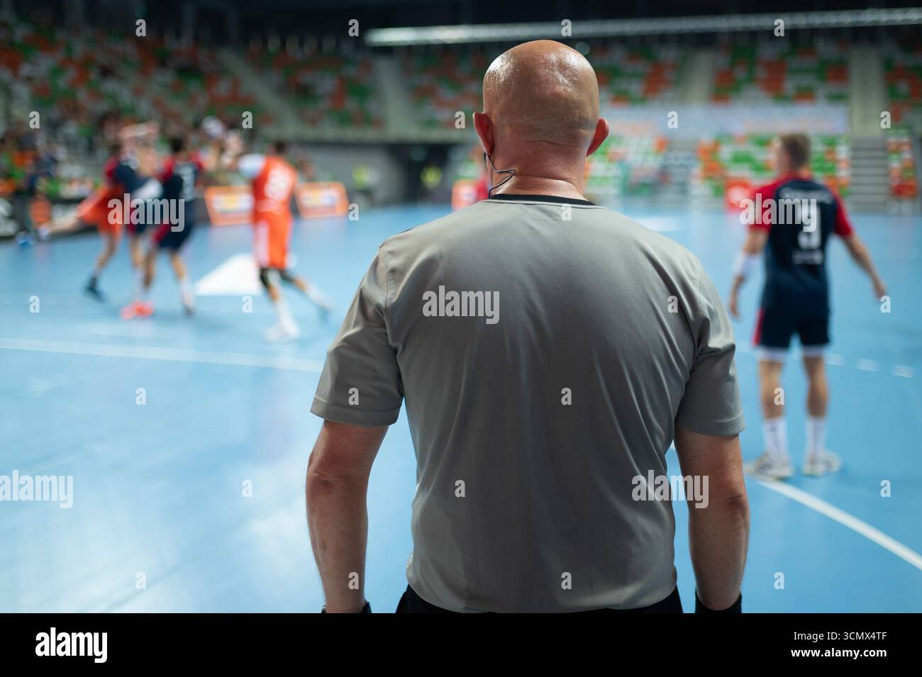 La schiena dell'arbitro durante la partita di pallamano Foto Stock