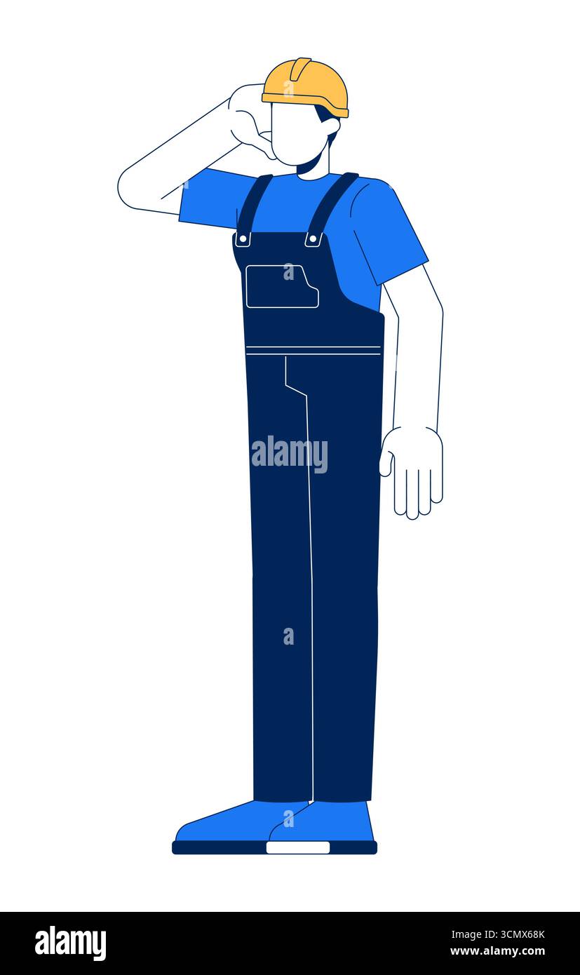 Operaio edile senza volto in uniforme e elmetto che graffiano la testa del personaggio dei cartoni animati 2D. Illustrazione Vettoriale