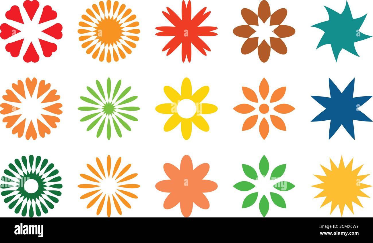 Scopri un vivace assortimento di quindici modelli simmetrici unici. Questi design presentano motivi floreali geometrici complessi in uno spettro di colori brillanti Illustrazione Vettoriale