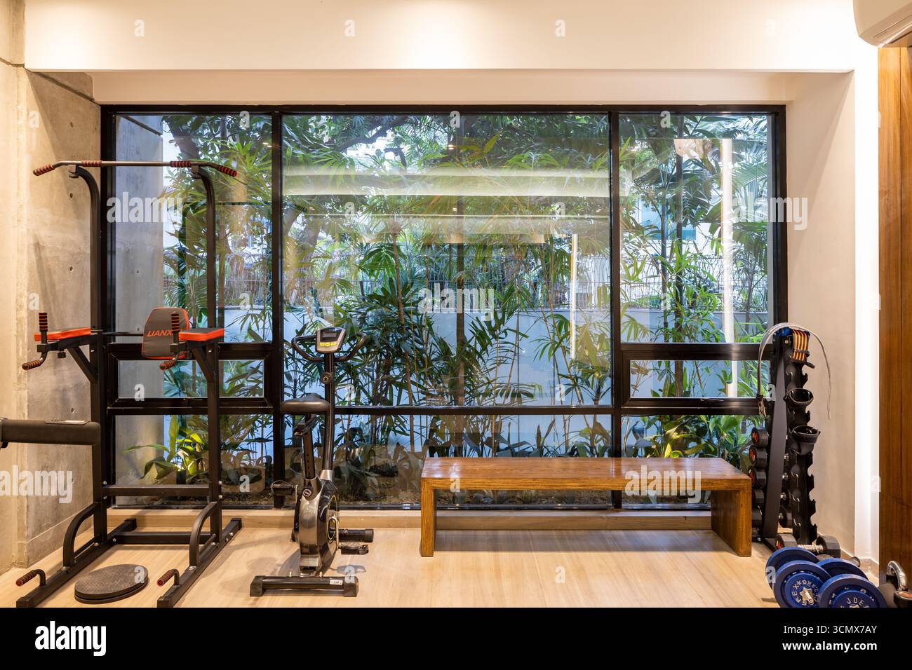 Palestra ben attrezzata con grandi finestre, che offre un ambiente tranquillo per il fitness e il soggiorno di lusso. Foto Stock