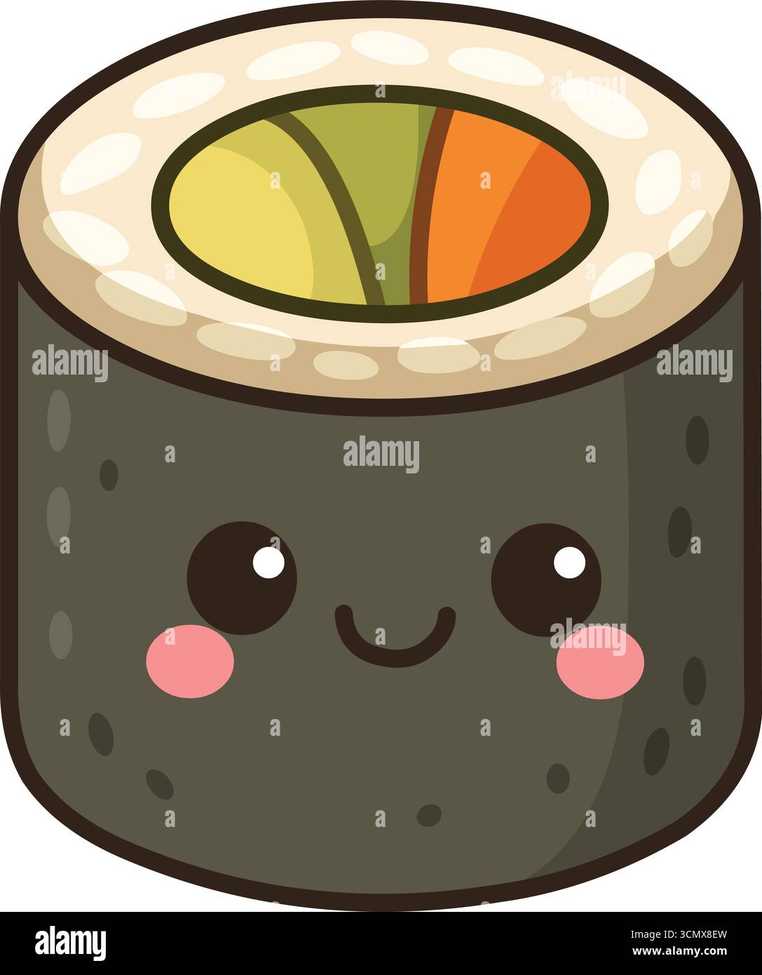 Kawaii illustrazione di un sushi roll vegan sorridente con verdure Illustrazione Vettoriale