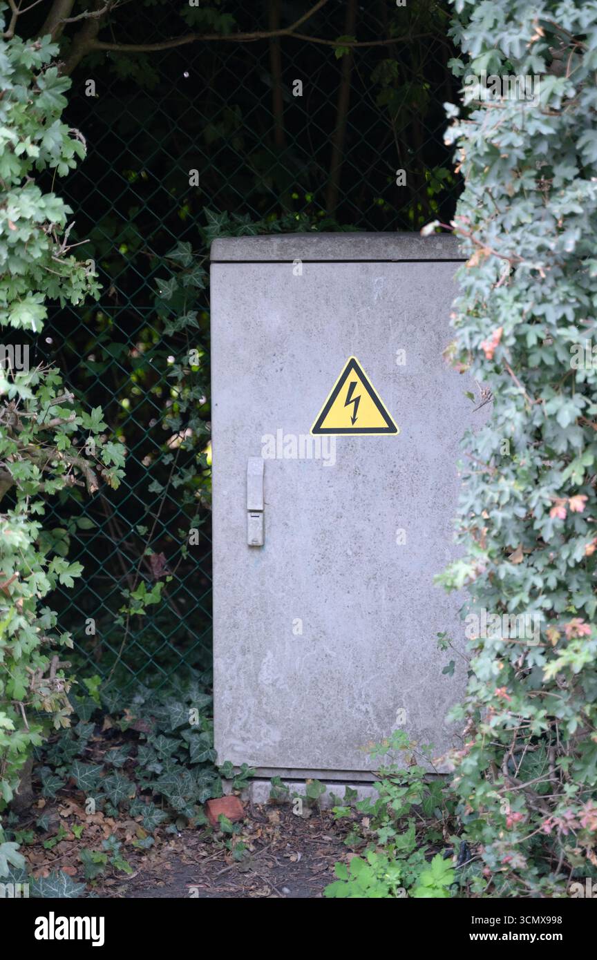 Una robusta cassetta elettrica in calcestruzzo, chiaramente contrassegnata con un simbolo di attenzione, è racchiusa all'interno del lussureggiante fogliame Foto Stock