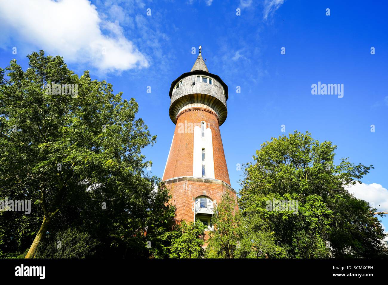 Vista della torre dell'acqua di Husum con il paesaggio circostante nel parco. Storica torre idrica di Husum. Foto Stock