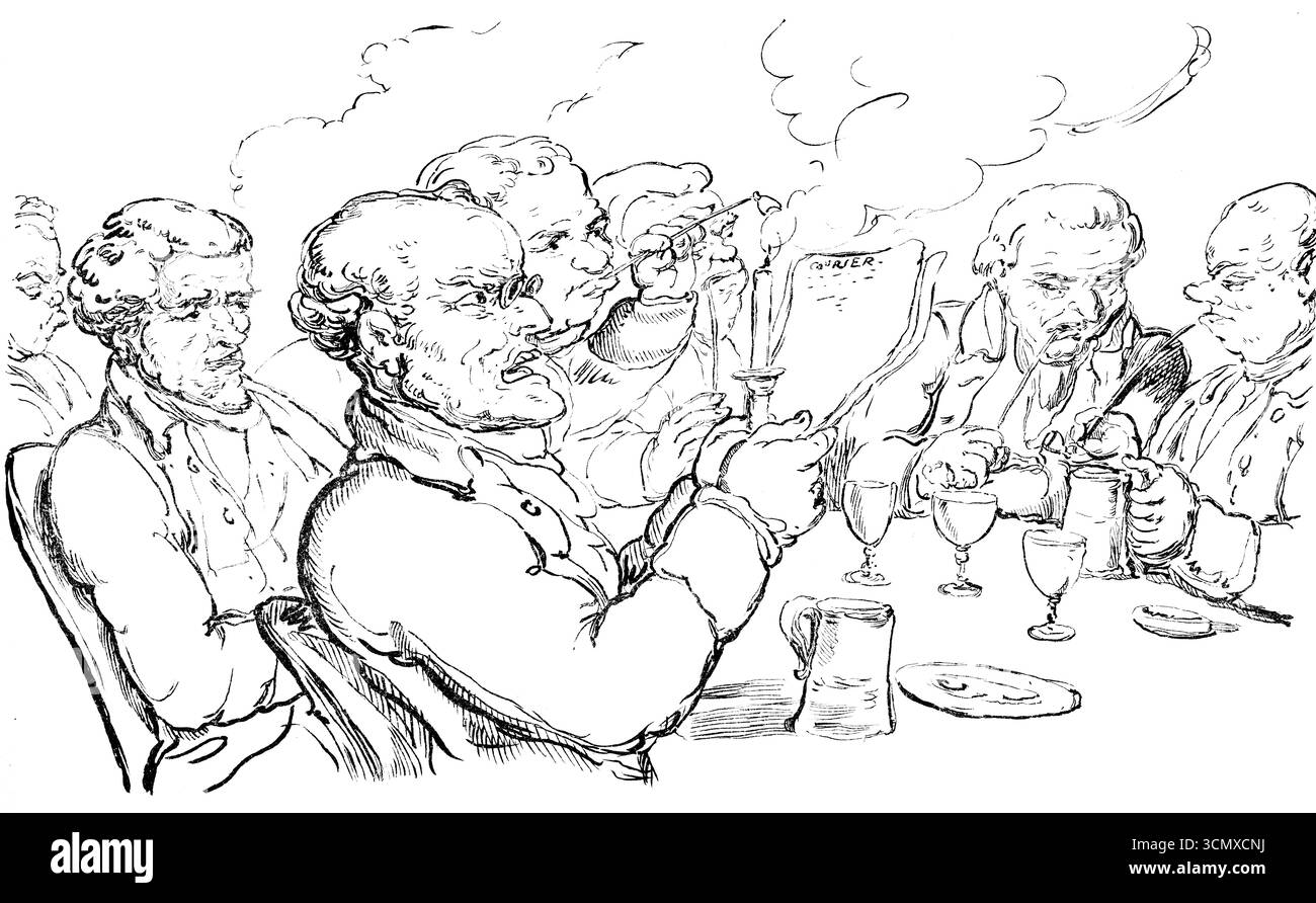 1864 Cartoon disegno di uomini in pubblico fumando pipe di argilla e leggendo giornali, dallo specchio autografico Foto Stock