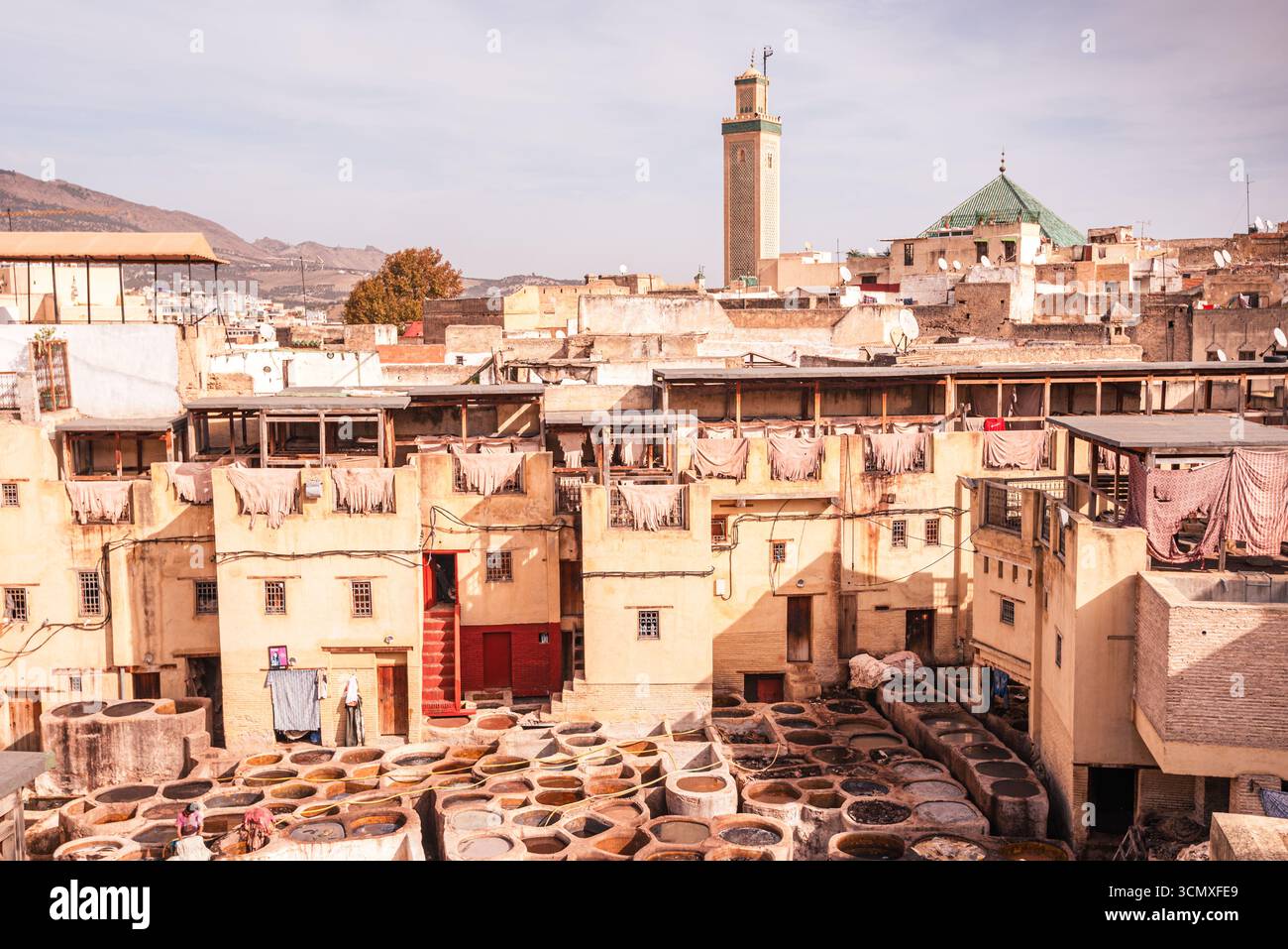 La conceria di Chouara vista dall'alto con vista sul minareto e sulle montagne a FES, Marocco Foto Stock