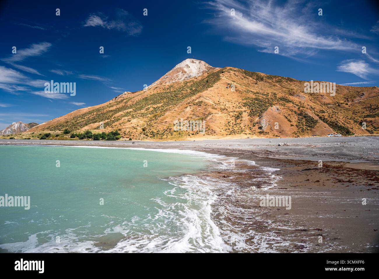 Le colline costiere dorate incontrano calme acque smeraldo sotto i cieli blu a Ward Beach, Marlborough, nuova Zelanda Foto Stock