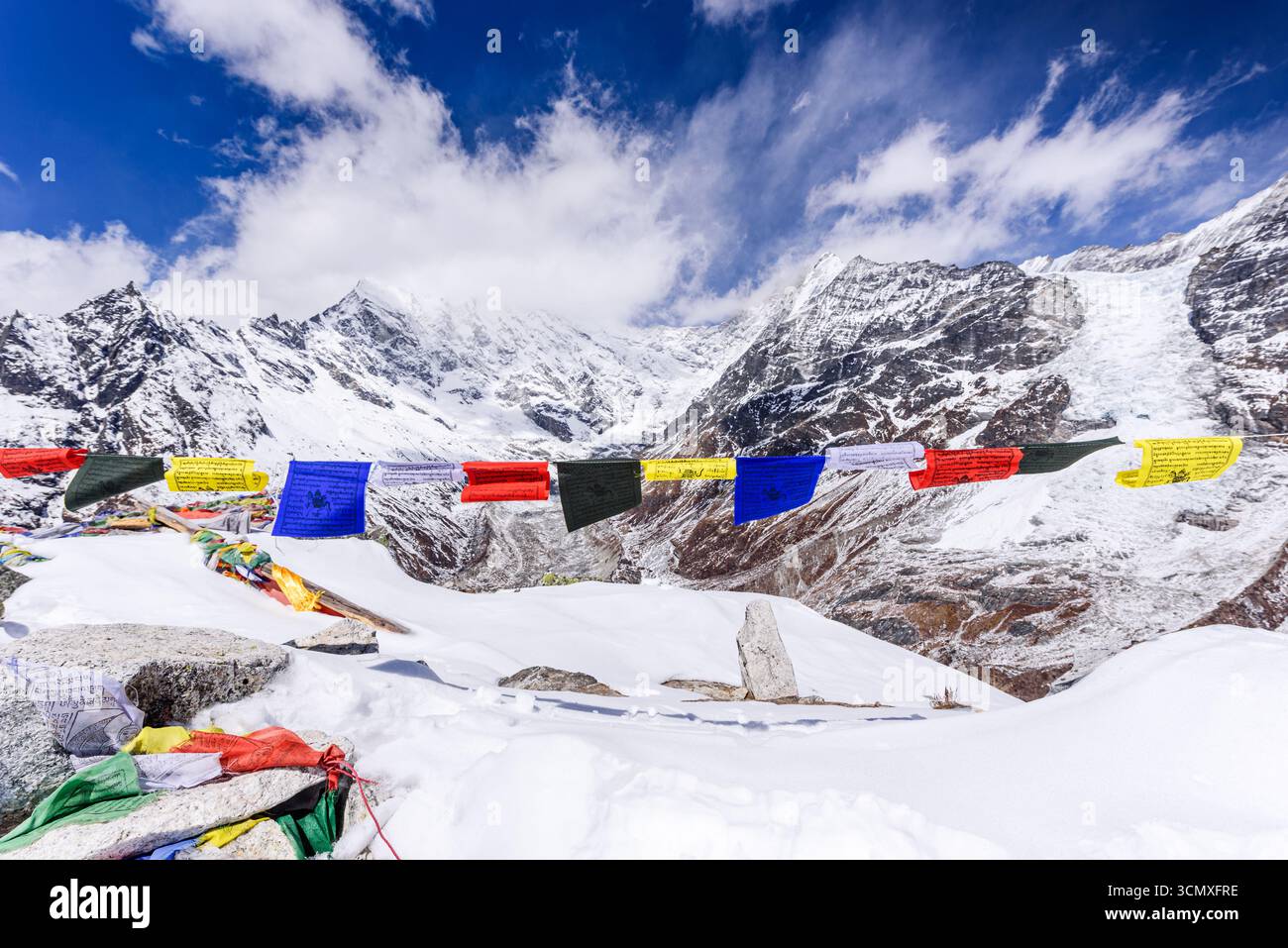 Vista panoramica di Langtang Lirung e della Valle di Langtang incorniciata da colorate Bandiere di preghiera sulla vetta innevata di Kyanjin Ri e sul Parco Nazionale di Langtang Foto Stock