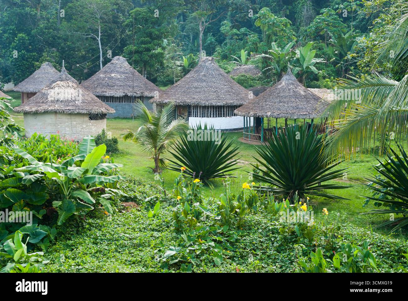 Campo gestito dai nativi americani Yekuana sul sito PlayOn, spiaggia di sabbia del fiume Caura, a valle delle cascate di Para, Venezuela Foto Stock