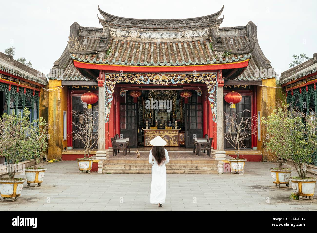 Donna vietnamita ad ao dai nella sala dell'Assemblea Cinese di Hoi An, Hoi An, provincia di Quang Nam, Vietnam Foto Stock