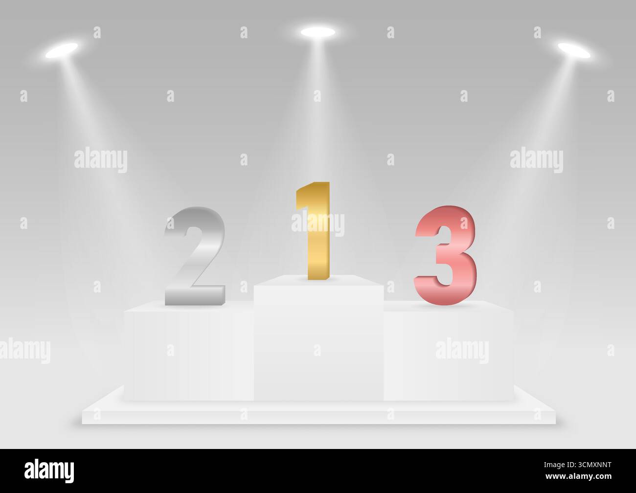 Podio di tappa o dei vincitori dello sport con classifica per primo, secondo e terzo posto illuminati con riflettori. Illustrazione Vettoriale