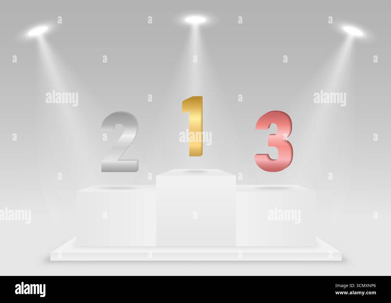 Podio di tappa o dei vincitori dello sport con classifica per primo, secondo e terzo posto illuminati con riflettori. Illustrazione Vettoriale