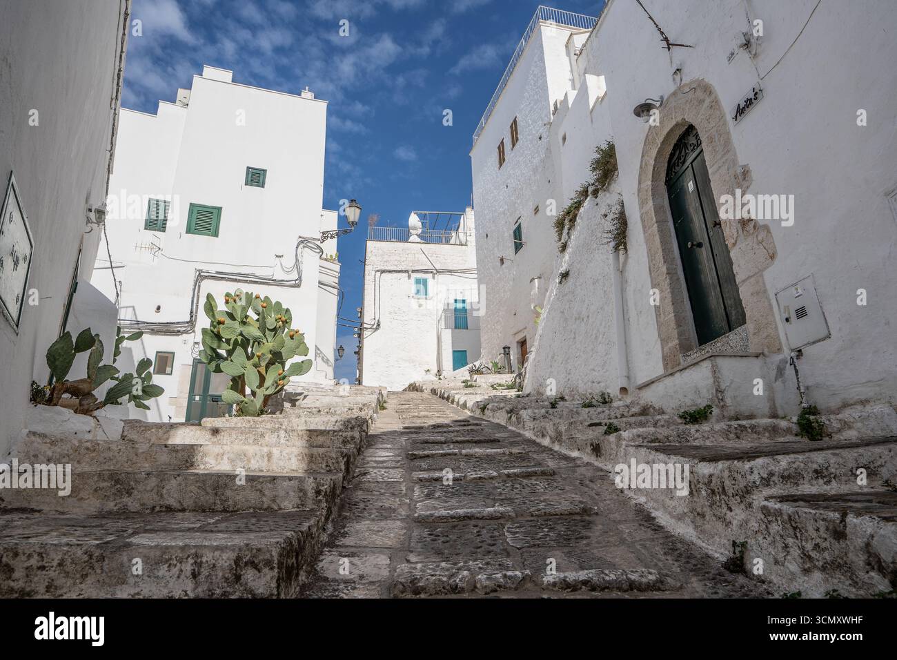 Ostuni, in Puglia, è conosciuta come la "città Bianca" per le sue case bianche. Arroccato su una collina, presenta affascinanti strade e vivaci piazze. Foto Stock