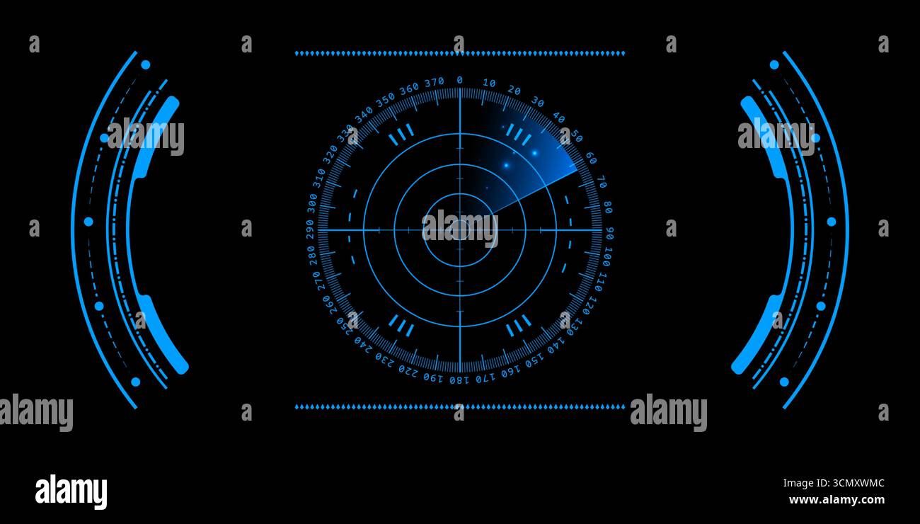 Tecnologia radar HUD con schermi militari cyberpunk e futuristici display UI. Interfacce di scansione AI per cockpit virtuali o dashboard spaziali. Digita Illustrazione Vettoriale