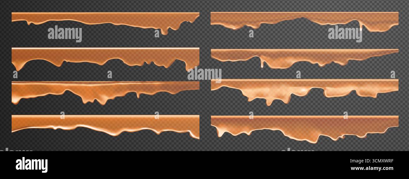 Caramello gocciolante con gocce di miele ed effetti liquidi realistici. Lo sciroppo dorato si avvolge con il toffee appiccicoso per i piatti. Vettori 3D trasparenti o Illustrazione Vettoriale