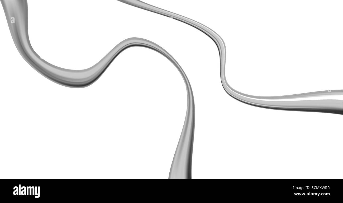 Linee in metallo cromato 3D con effetti astratti a spirale liquida argentata. Gradienti fluidi Y2K e motivi ondulati in acciaio per sfondi futuristici. Lucida Illustrazione Vettoriale