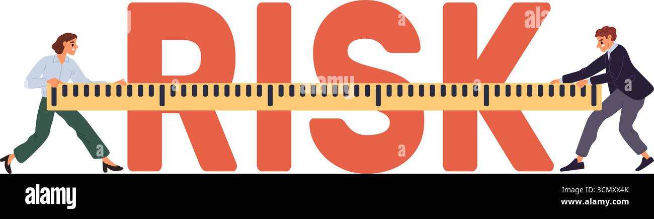 Uomo e donna che misurano il rischio della parola con il righello. Gestione rischiosa. Controllo di pericoli e minacce. Misurazione della probabilità negativa. Strategia aziendale. Vect Illustrazione Vettoriale