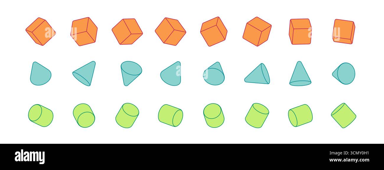 Illustrazione vettoriale 3D piatta di forme geometriche cubo, cono, cilindro con traccia del contorno. Figure isometriche colorate per matematica, istruzione, scienza Illustrazione Vettoriale