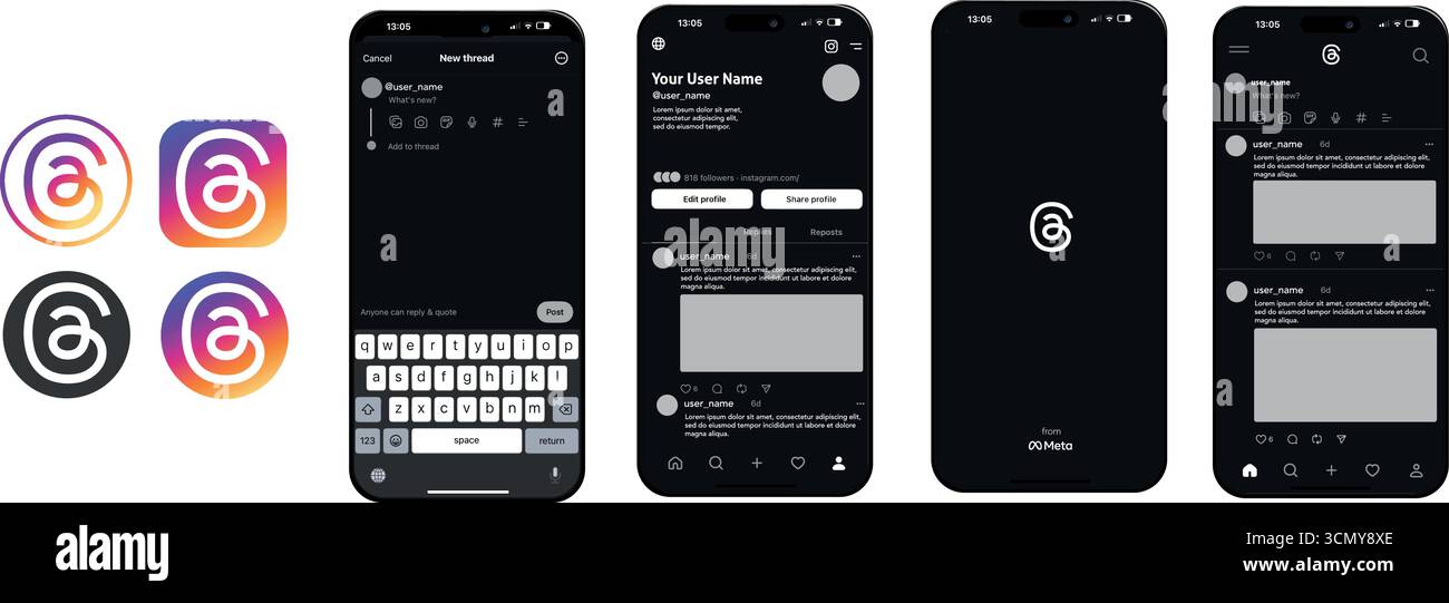 Illustrazione vettoriale dell'interfaccia dell'app mobile thread in modalità scura. Include il profilo Illustrazione Vettoriale