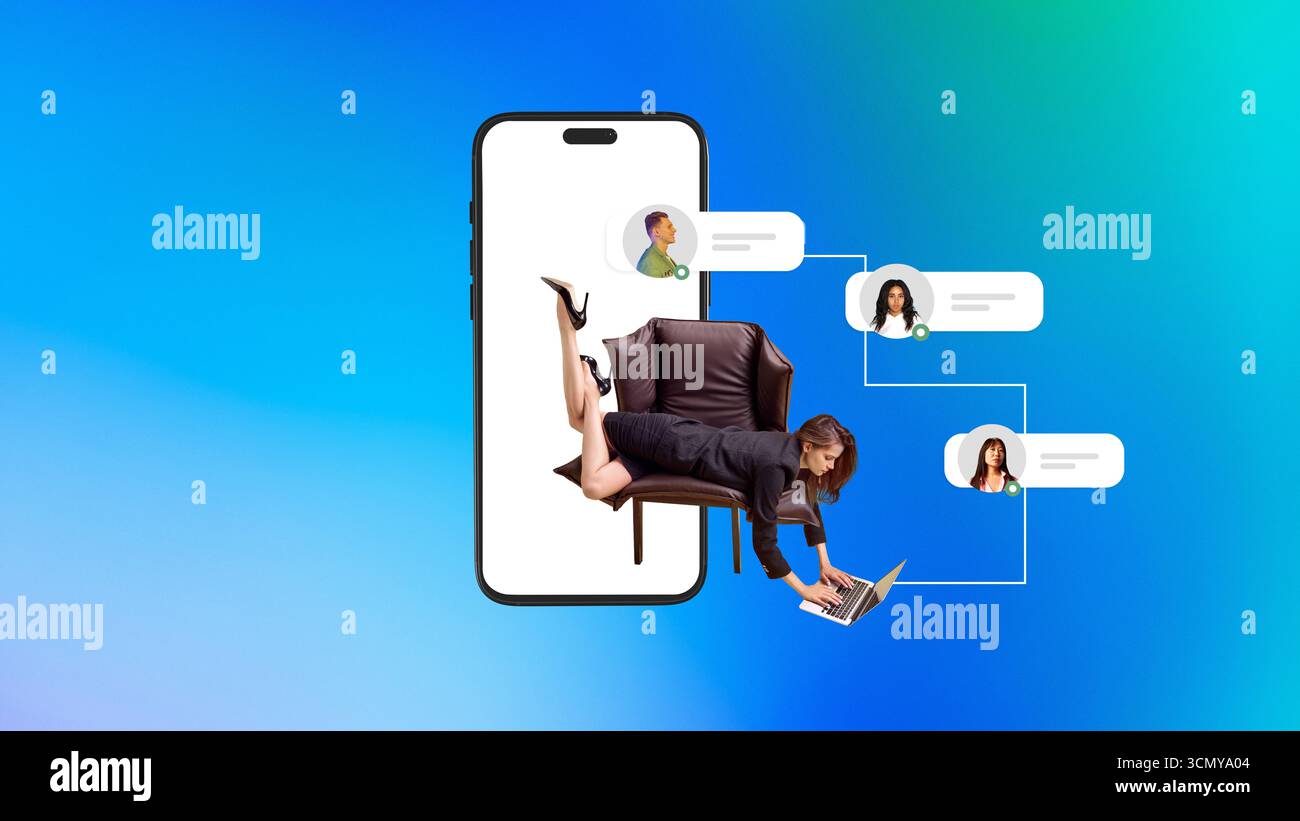 Donna sulla sedia con laptop all'interno di uno smartphone gigante che chatta con diversi contatti Foto Stock