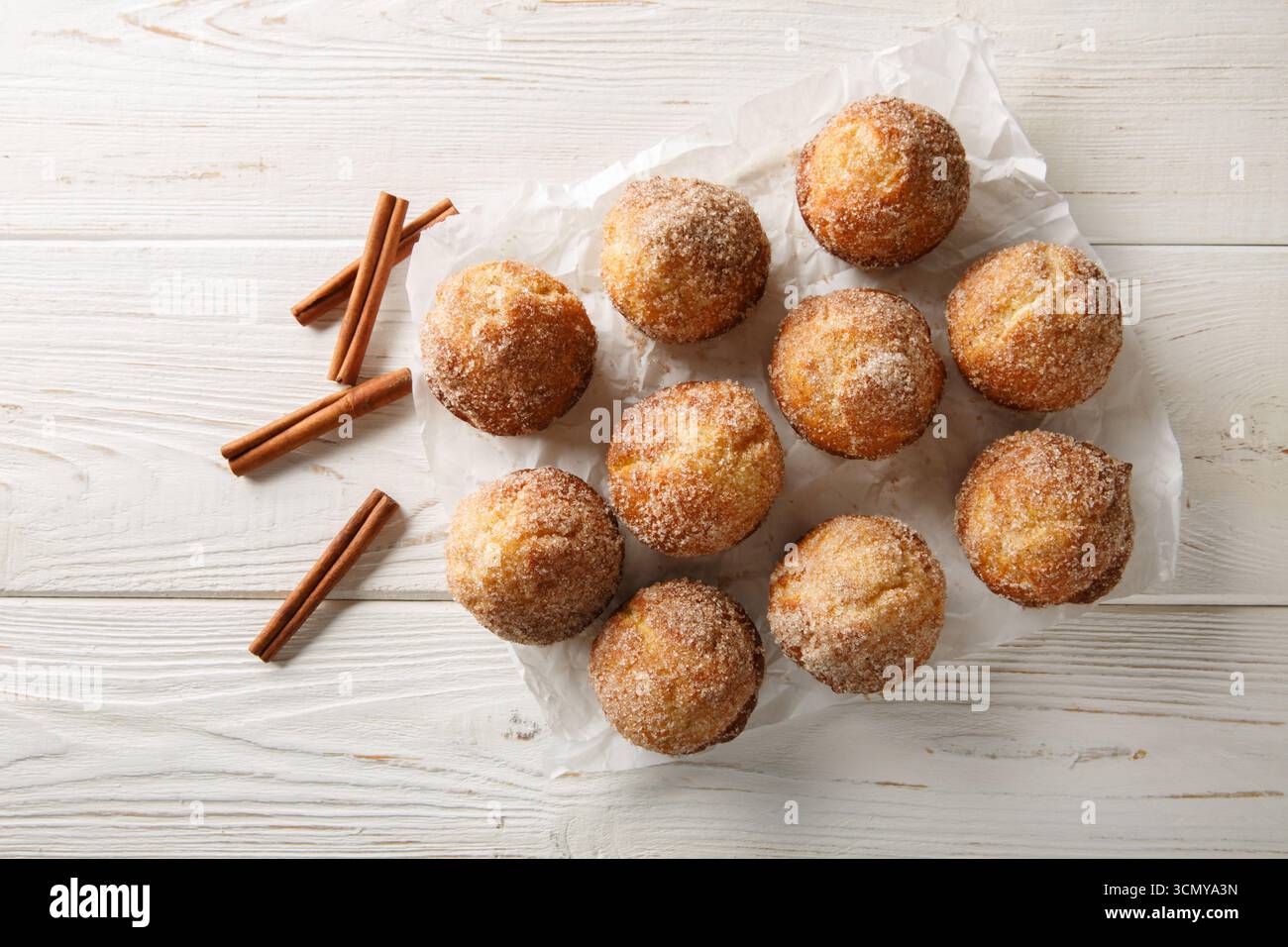 I mini muffin alla cannella con ciambelle sono densa come una torta cotte in una padella per muffin e cannella ricoperta e zucchero da vicino sul tavolo di legno. Horizo Foto Stock