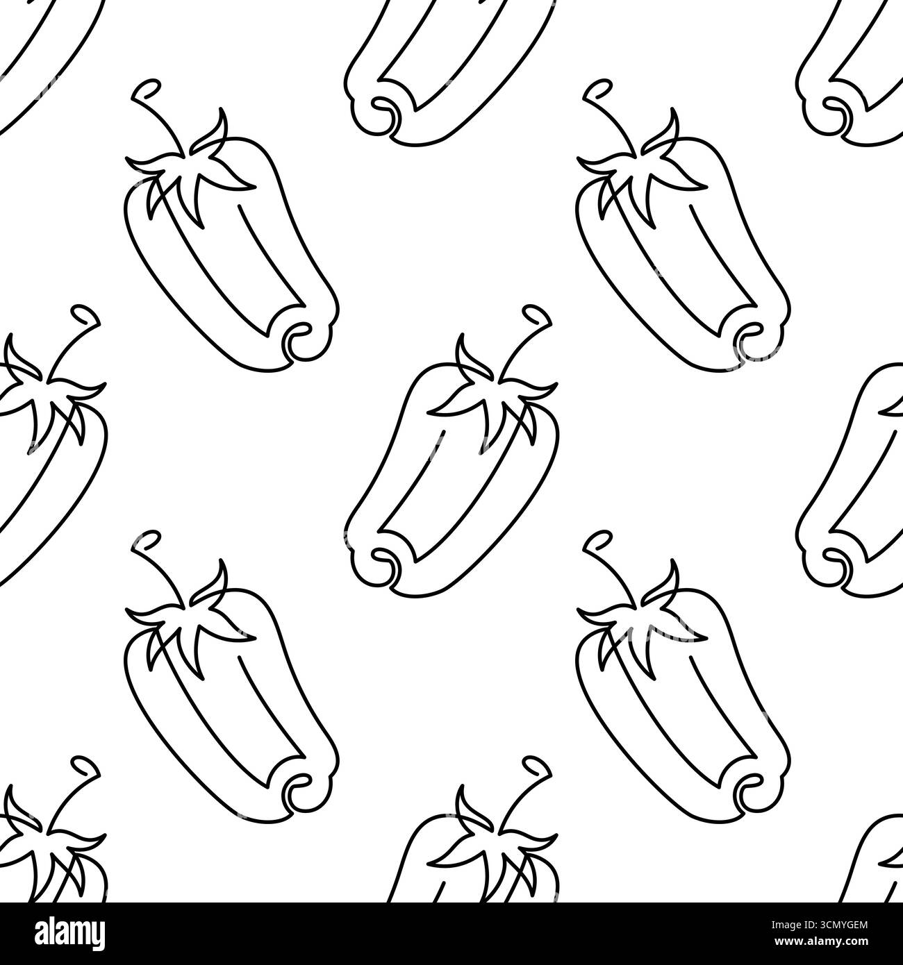 Campana a riga singola cartoni animati senza cuciture. Superficie piana vegetale Vector Food su sfondo bianco. Peperone in stile doodle. Disegni in linea Illustrazione Vettoriale