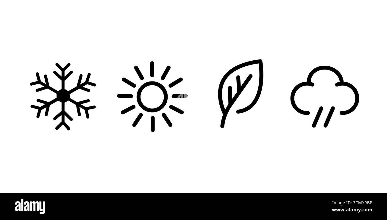 Fiocchi di neve, fiori, sole e foglie che rappresentano le quattro stagioni su sfondo bianco con spazio copia Illustrazione Vettoriale