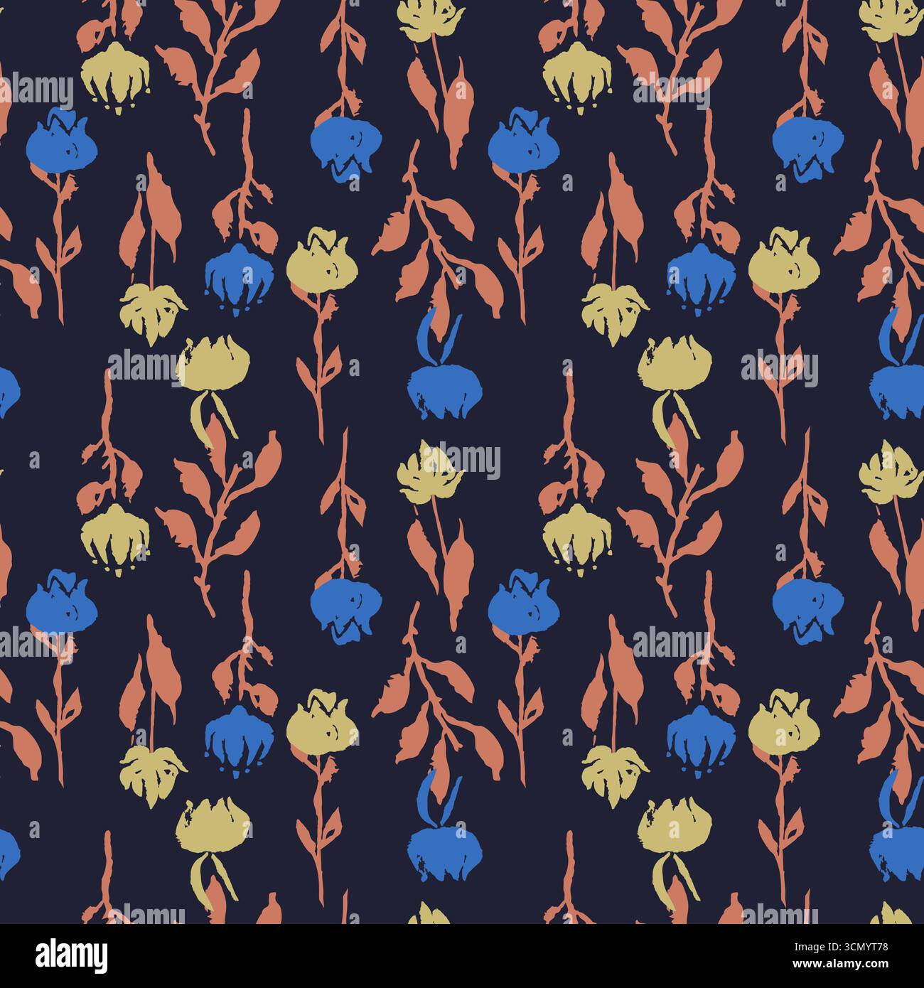 Motivo senza cuciture con fiori e foglie disegnati a mano Illustrazione Vettoriale