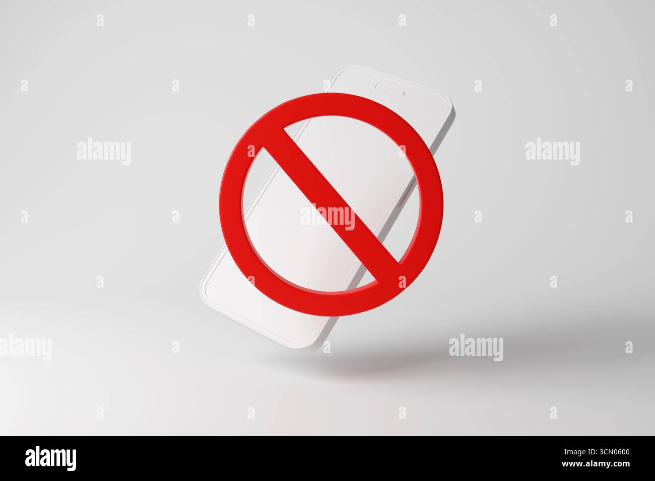 Telefono cellulare bianco dietro un cartello rosso proibizionismo su sfondo bianco monocromatico e minimalista. Concetto di divieto dei telefoni cellulari nelle scuole Foto Stock
