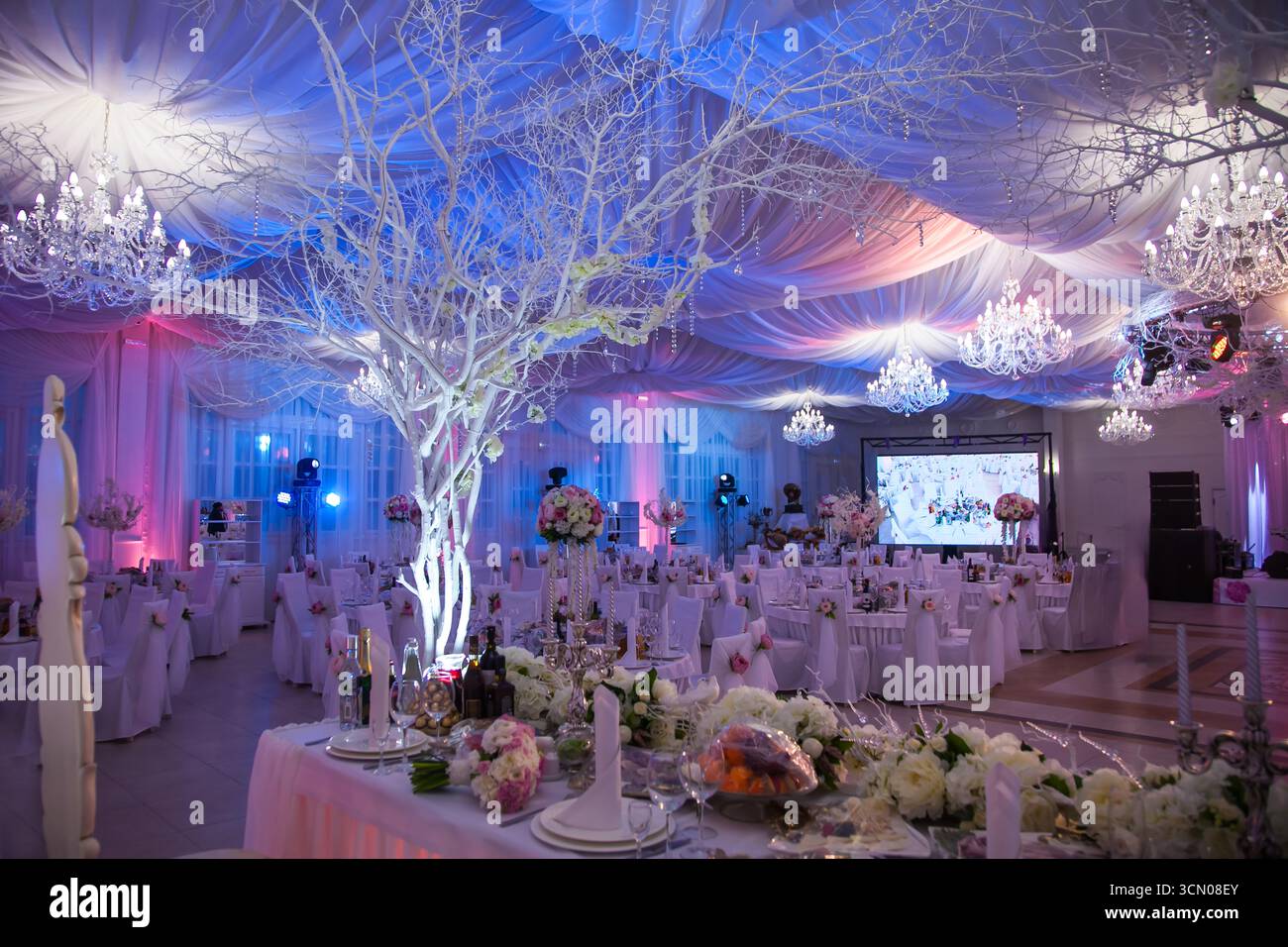 Gli ospiti possono godersi un sontuoso ricevimento di nozze in una sala banchetti splendidamente decorata. I tavoli sono adornati con fiori e splendidi lampadari illuminano Foto Stock