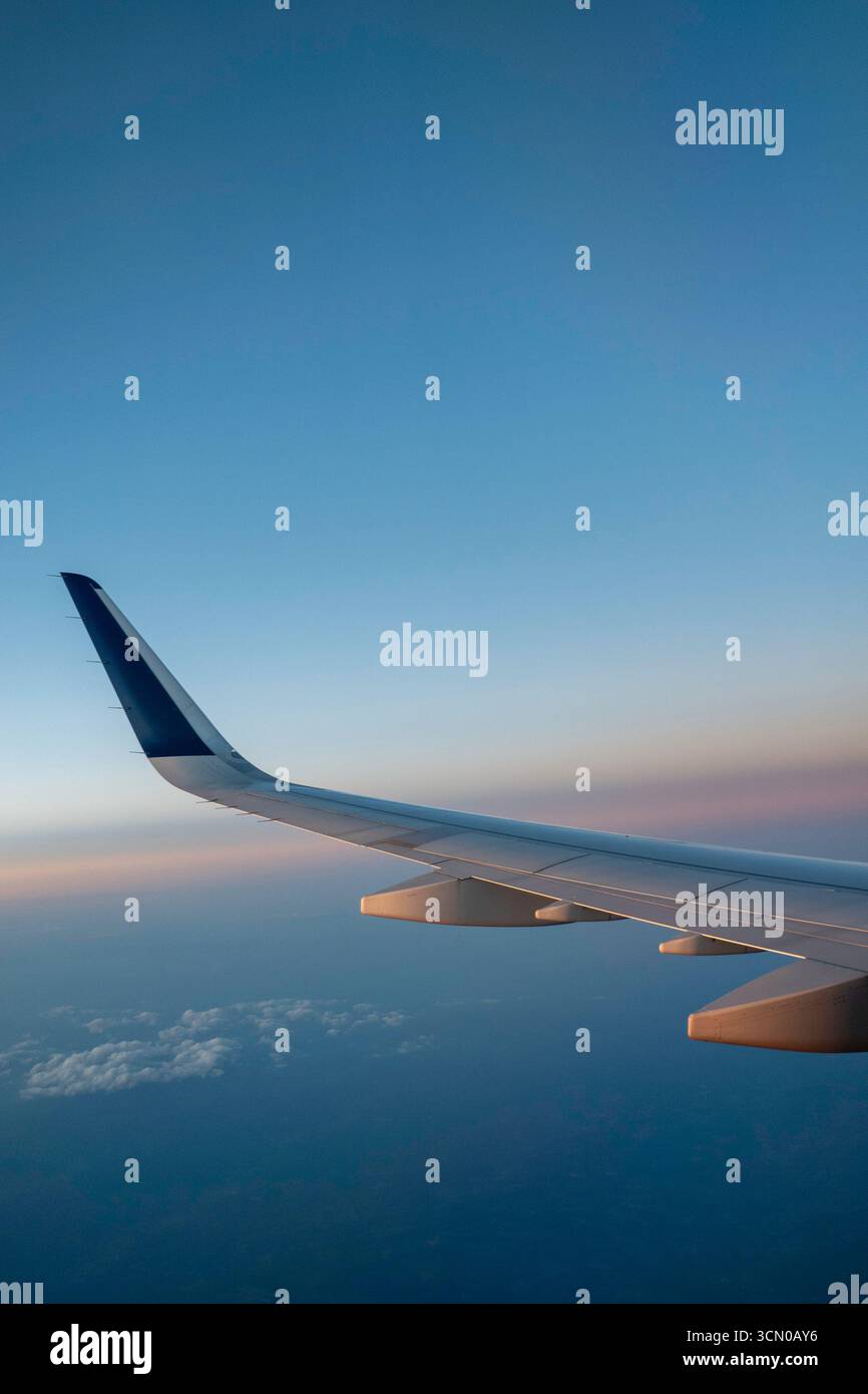 Punta alare dell'aereo Delta Air Lines visto dal finestrino principale della cabina, 2025, Stati Uniti Foto Stock